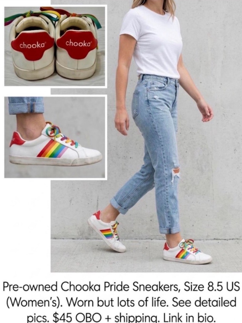 chooka White Sneakers with Red Heel and Rainbow Side Stripes